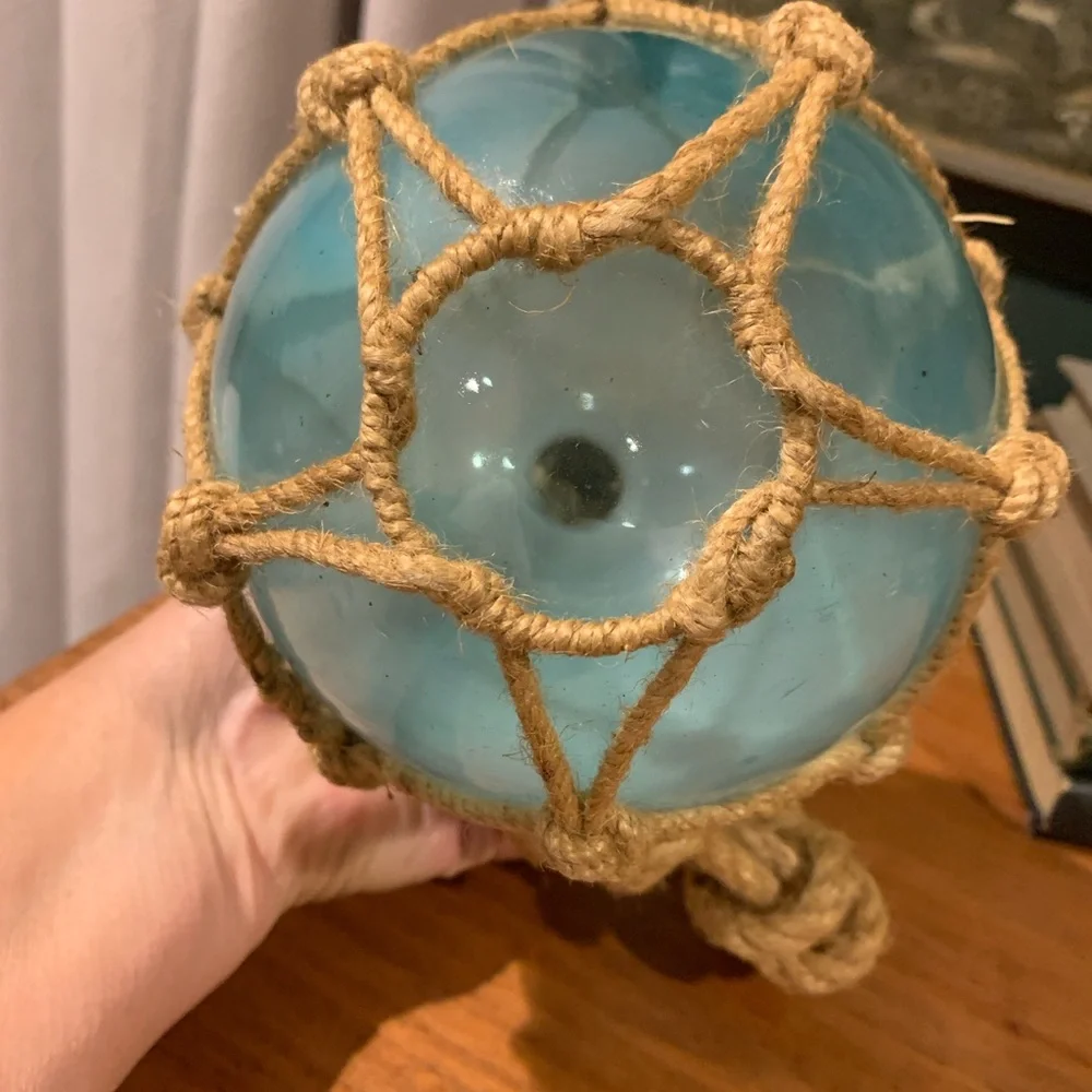 Coastal Turquoise Blue White Glass Buoy Ball Fishing Float Rope Wrapped